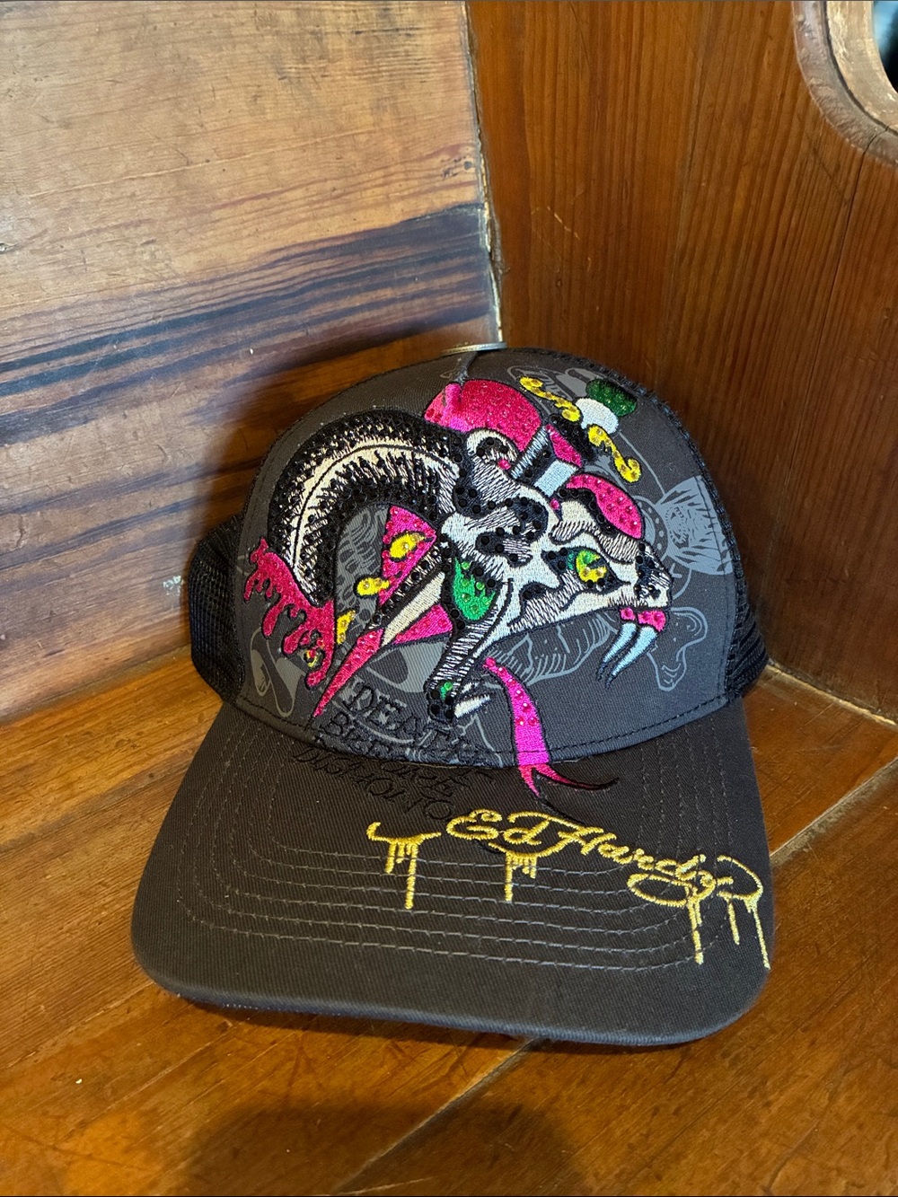 NWT Ed Hardy Black Trucker Cap with Pink, Green & Yellow Embroidered Skull